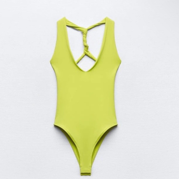 Zara neon yellow twist back bodysuit swimsuit NEW - Picture 1 of 4